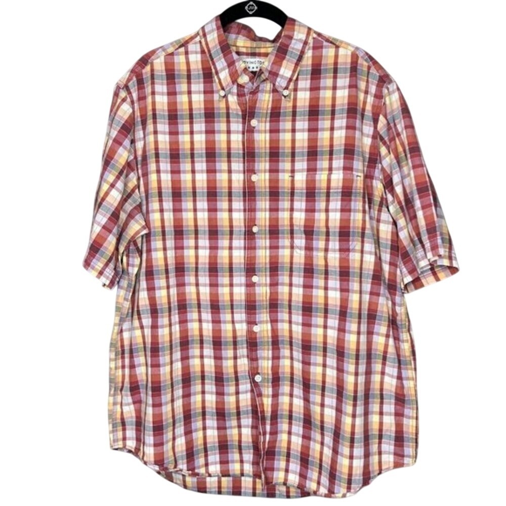 Covington‎ Mens Large Red Yellow Plaid Short Sleeve Button Down Cotton Shirt
